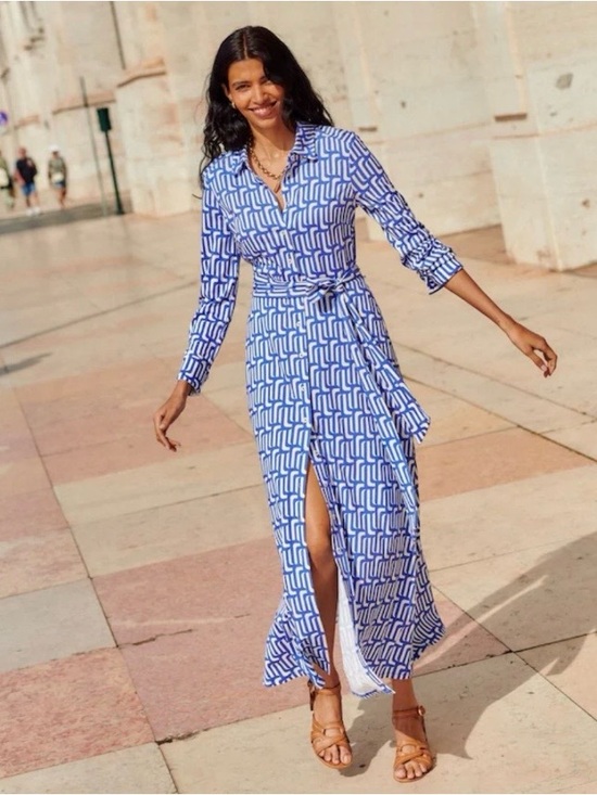 Boden Dresses & Skirts - Boden Marcia Jersey Midi Shirt Dress Blue White Geometric Belted US 4R UK 8R